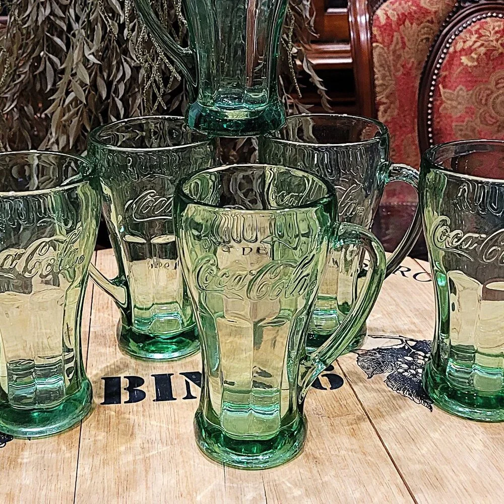 Set of 6 Vintage Libbey Green Glass Coca-Cola Coke Mug with Handle 14oz
